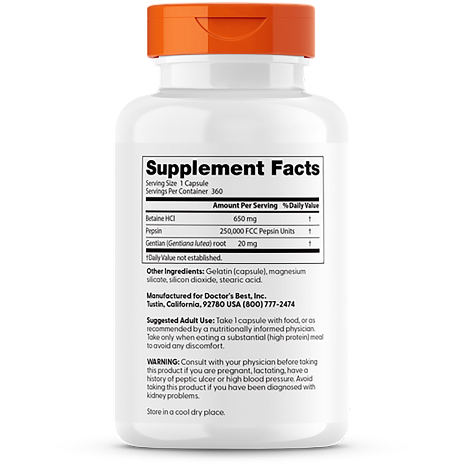 DB220 | back of white supplement bottle with orange cap showing Supplement Facts panel, ingredients and warnings