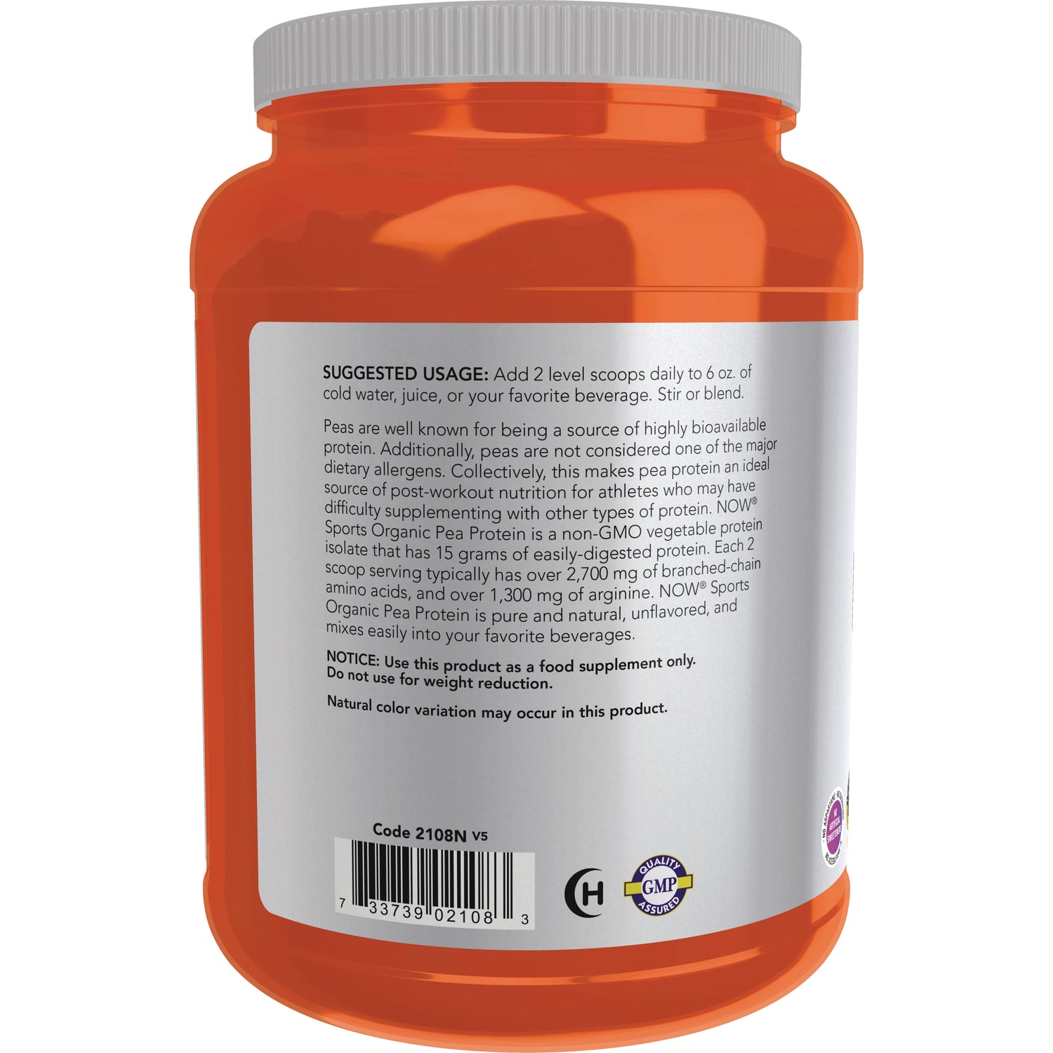 NWF1239 | Back label of orange supplement jar showing usage directions, barcode, and GMP seal
