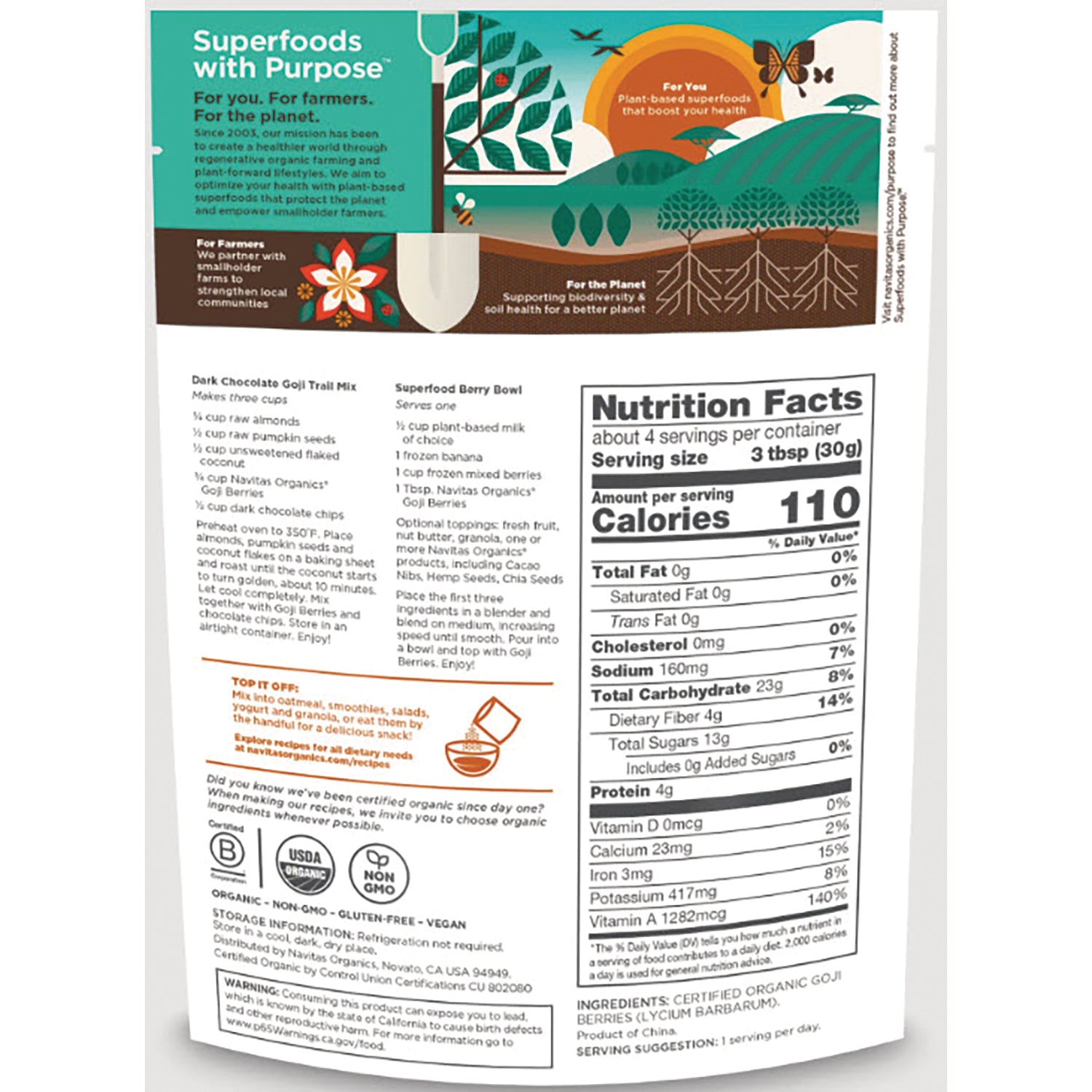 NAV013 | back of white pouch showing Nutrition Facts panel, recipes and organic certification logos