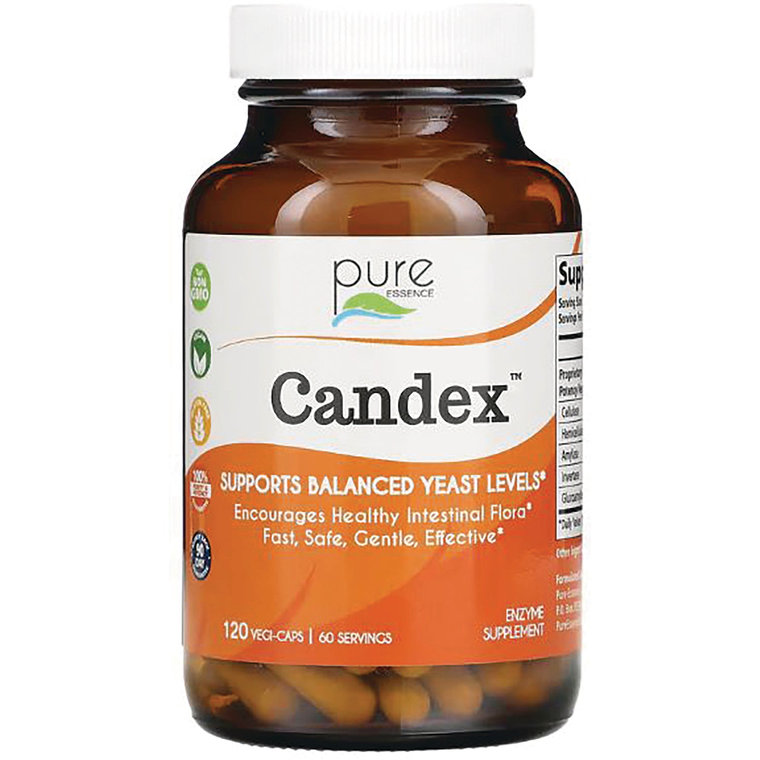Amber supplement bottle labeled Candex supports balanced yeast levels 120 vegi-caps