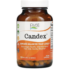 Amber supplement bottle labeled Candex supports balanced yeast levels 120 vegi-caps