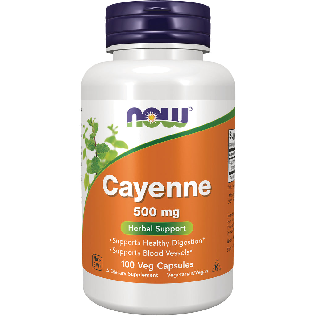 NWF534 | NOW Cayenne 500 mg supplement bottle with orange label, 100 veg capsules - Thumbnail
