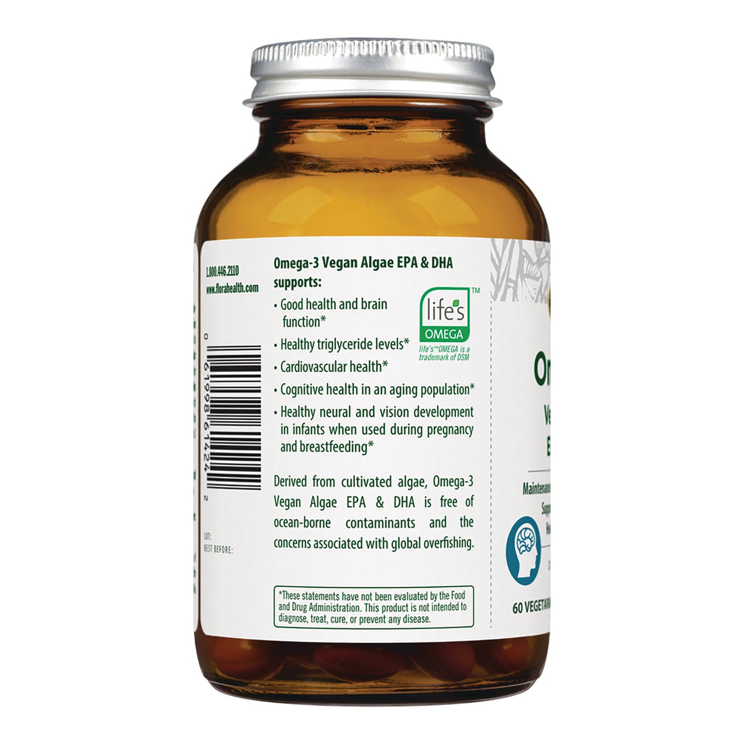FL114 | bottle back label listing Omega-3 vegan algae EPA & DHA benefits and usage