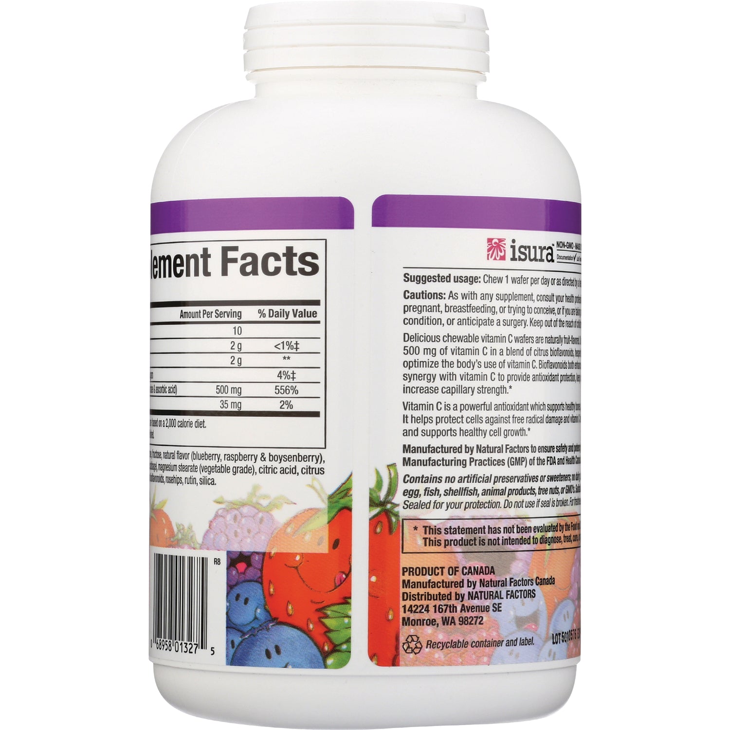 NFC091 | bottle back showing supplement facts panel, ingredient and usage text with fruit illustrations at base