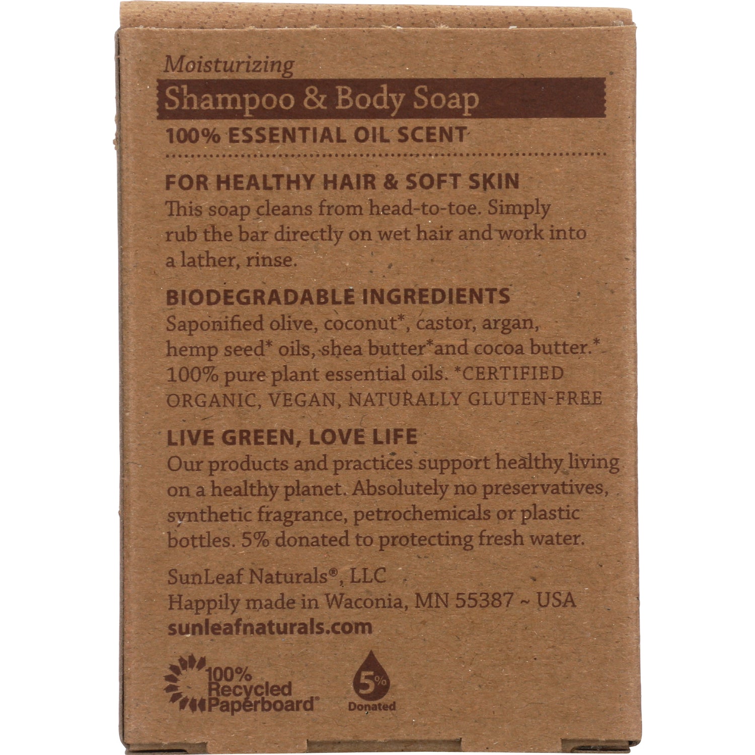 SLN008 | Back of brown Shampoo & Body Soap box showing biodegradable ingredients, usage and company information