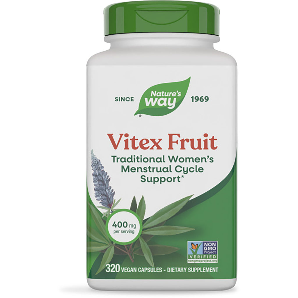 NW1055 | Nature's Way Vitex Fruit supplement bottle front label showing 320 vegan capsules, 400 mg per serving, plant powered non-GMO - Thumbnail