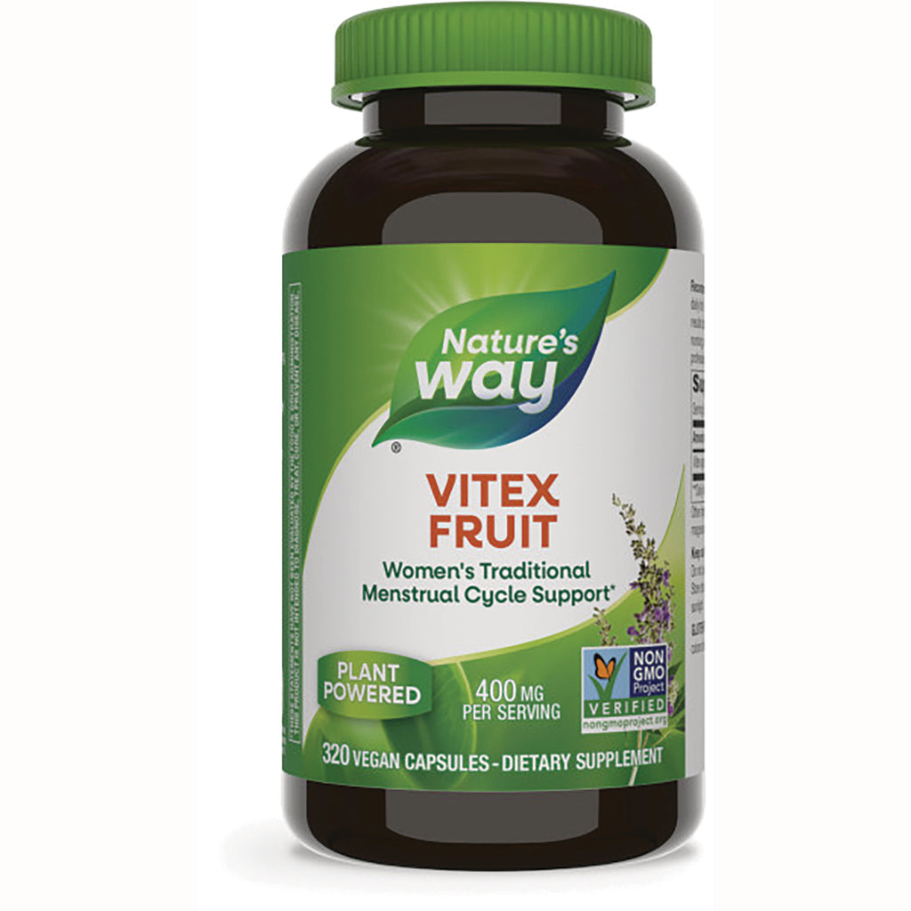 NW1055 | Nature's Way Vitex Fruit supplement bottle front label showing 320 vegan capsules, 400 mg per serving, plant powered non-GMO - Thumbnail