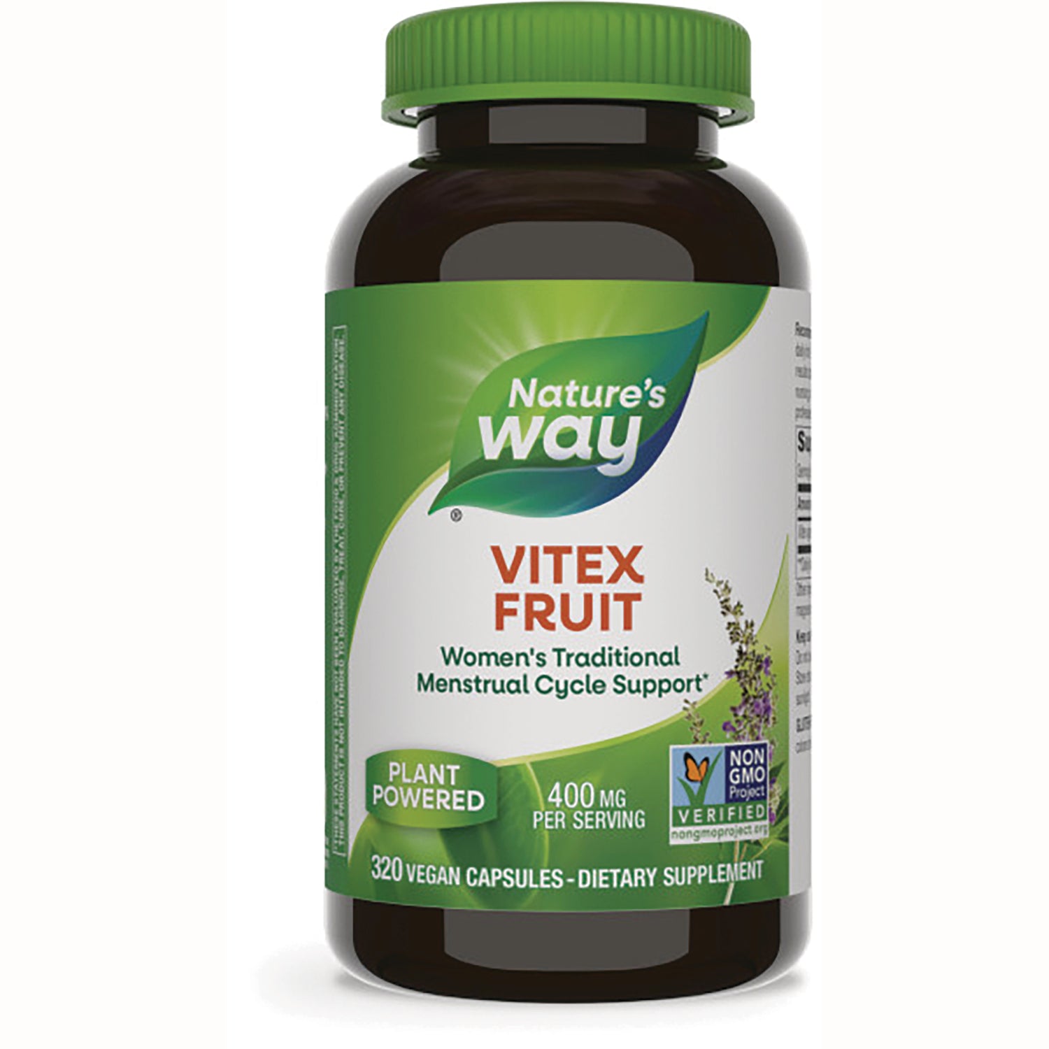 NW1055 | Nature's Way Vitex Fruit supplement bottle front label showing 320 vegan capsules, 400 mg per serving, plant powered non-GMO