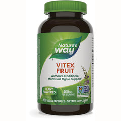 NW1055 | Nature's Way Vitex Fruit supplement bottle front label showing 320 vegan capsules, 400 mg per serving, plant powered non-GMO