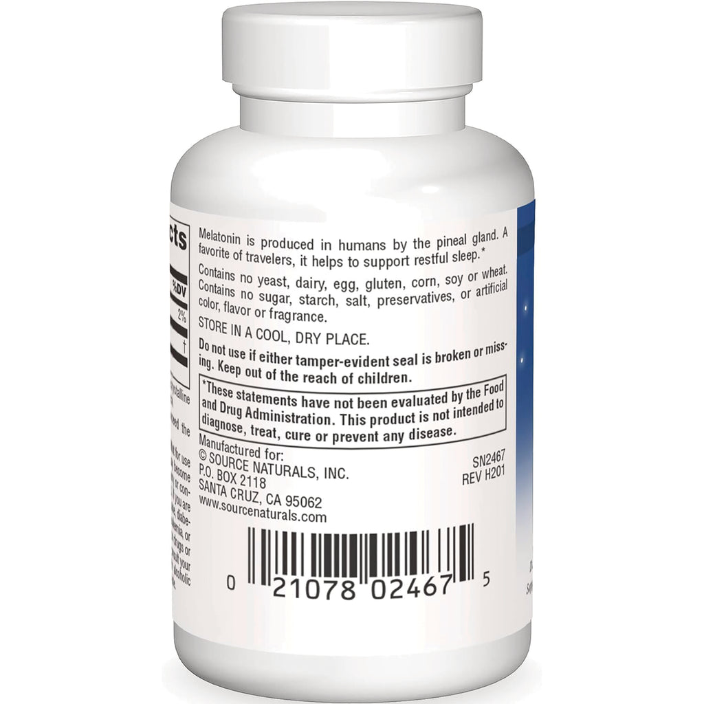 SN696 | Back label with ingredients, warnings, and barcode for Source Naturals Melatonin - Thumbnail