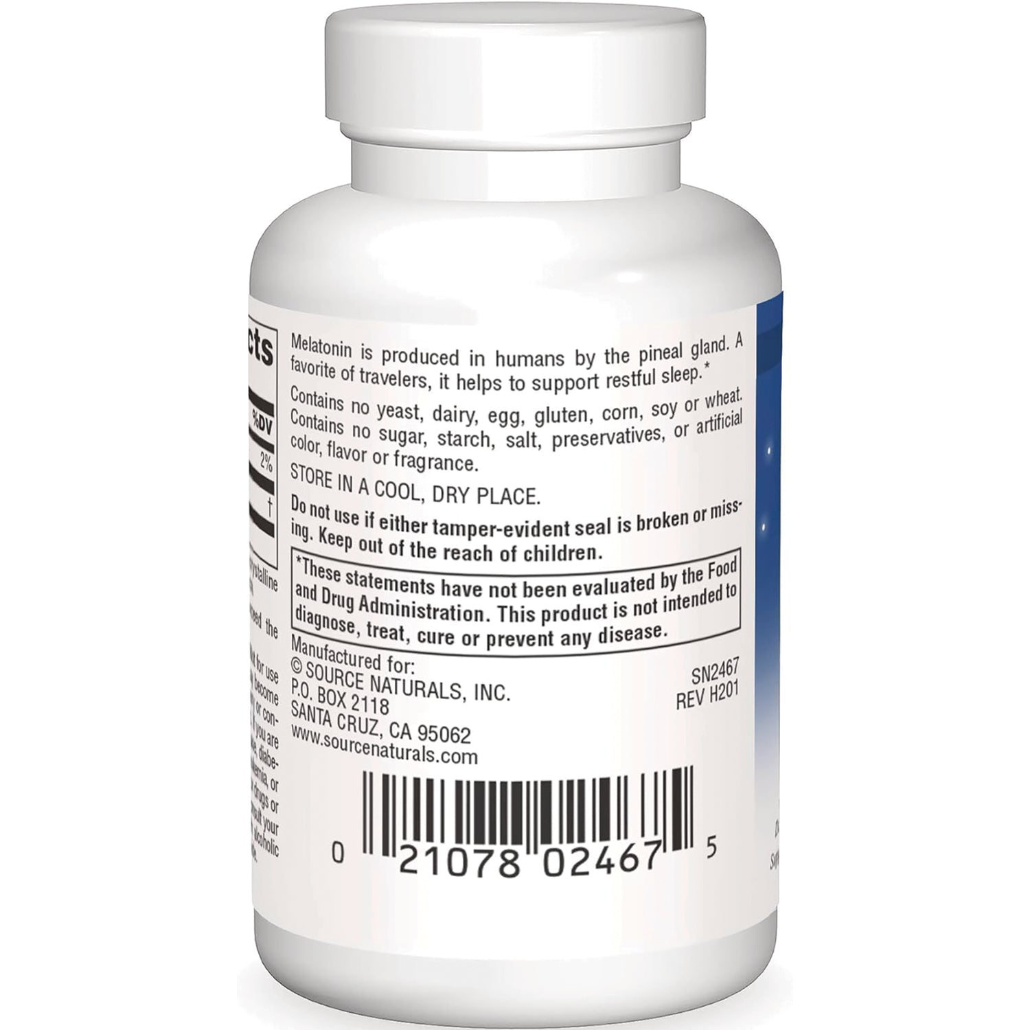 SN696 | Back label with ingredients, warnings, and barcode for Source Naturals Melatonin