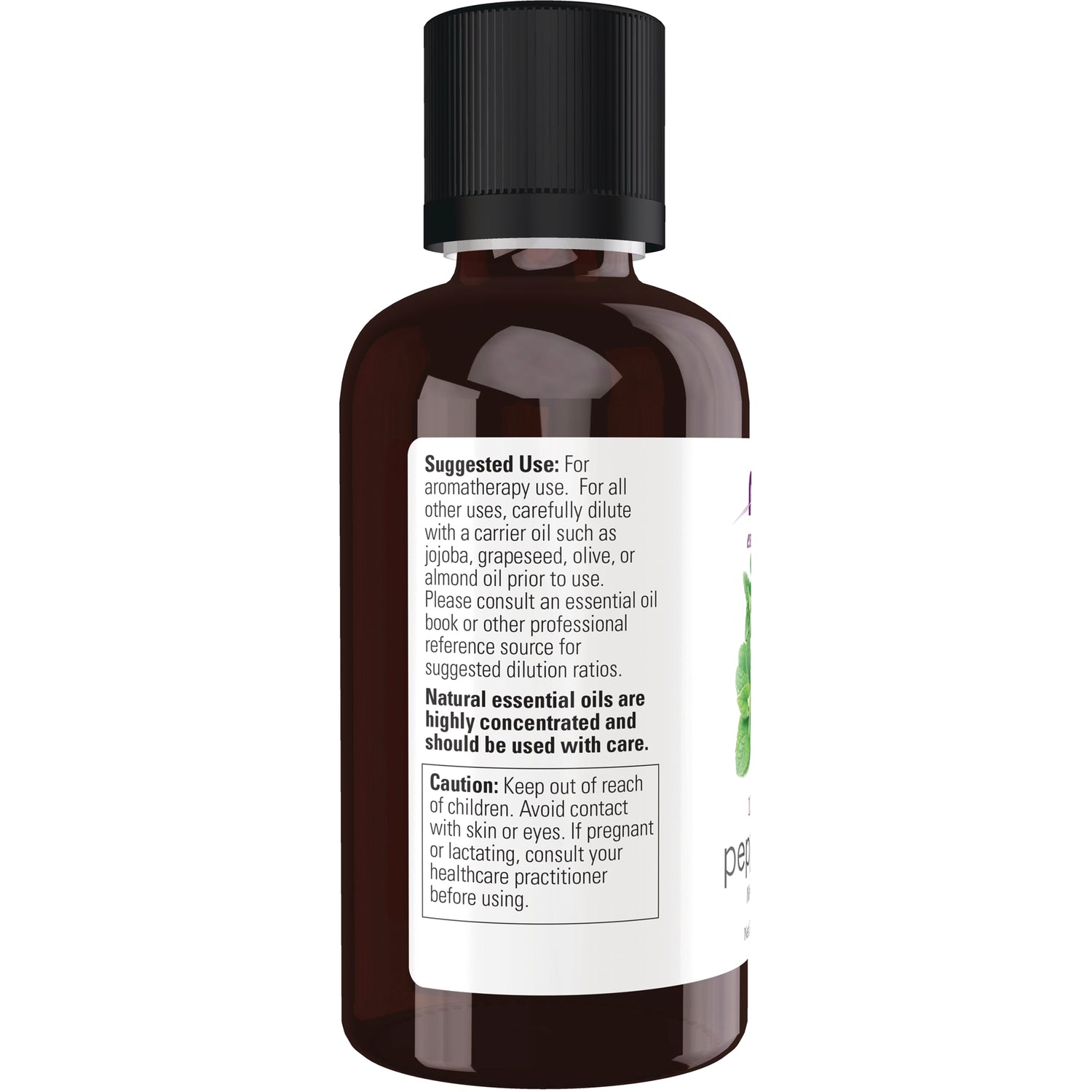 NWF266 | back label of amber essential oil bottle showing suggested use and caution text