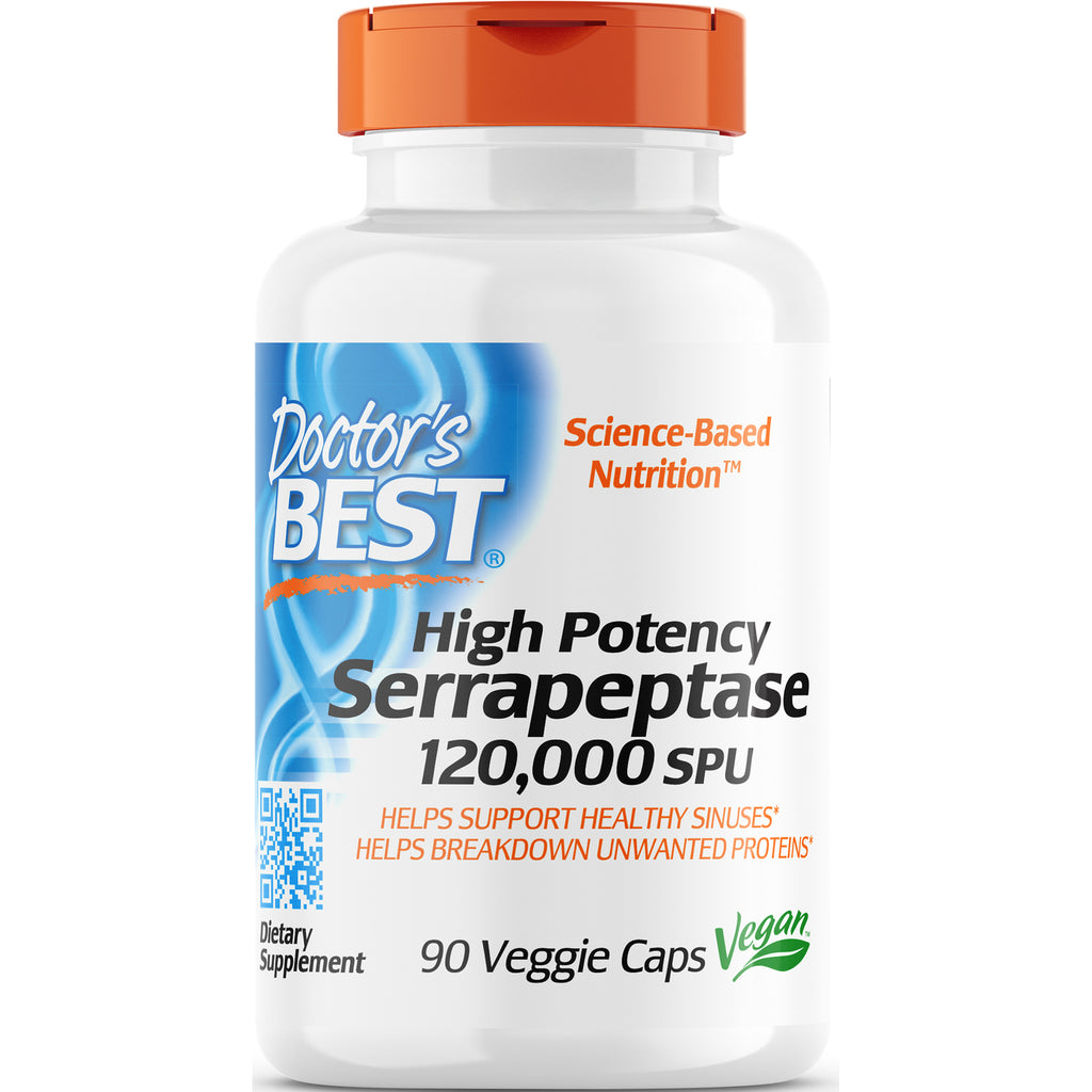 Doctor's BEST High Potency Serrapeptase 120,000 SPU white supplement bottle with orange cap labeled 90 Veggie Caps Vegan - Thumbnail