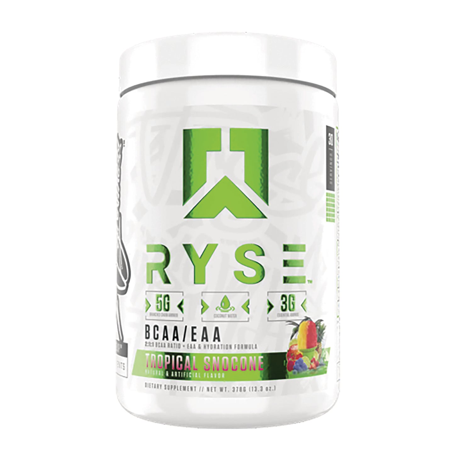 RYS001 | White supplement tub labeled RYSE BCAA/EAA Tropical Snocone with green logo