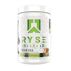 RYS001 | White supplement tub labeled RYSE BCAA/EAA Tropical Snocone with green logo