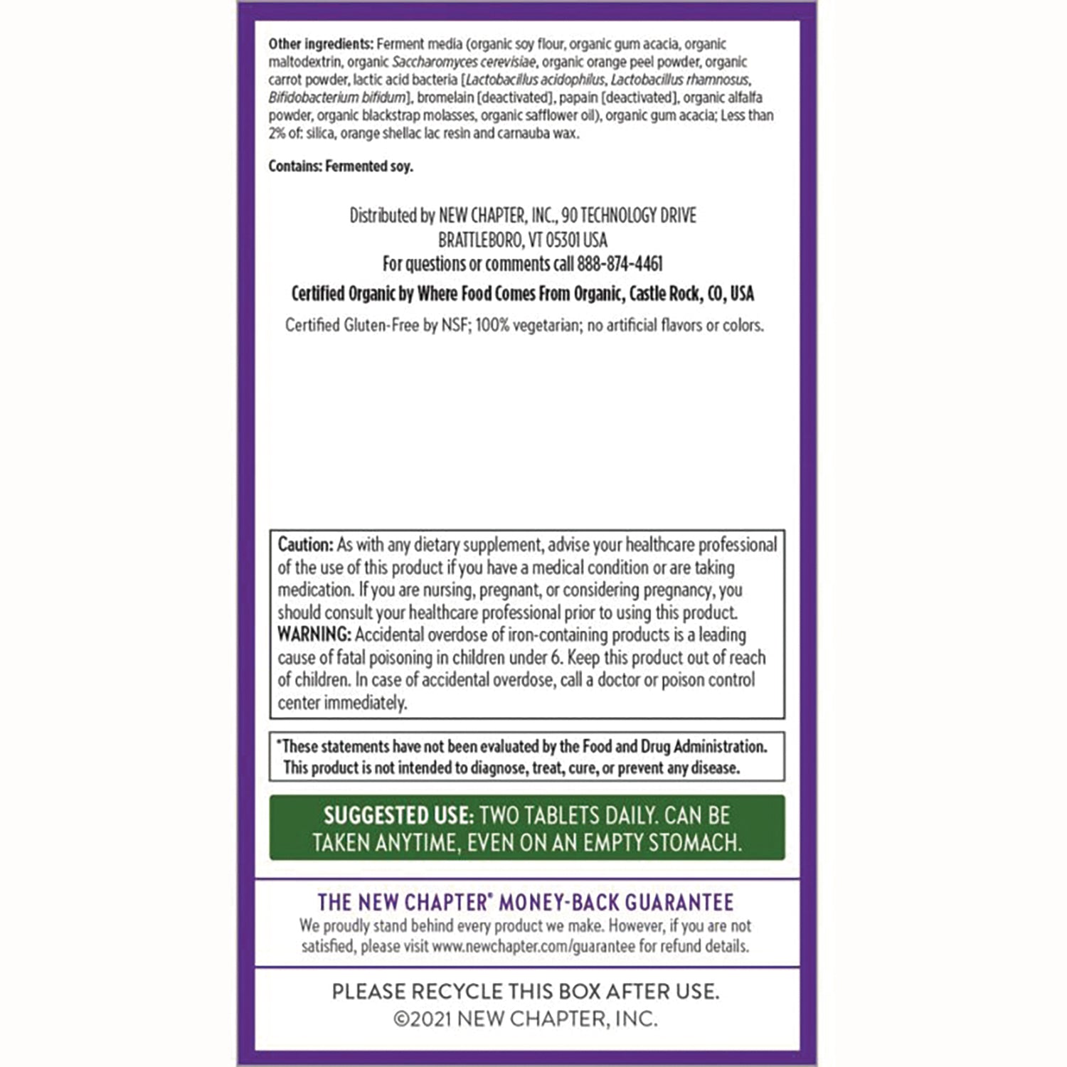 NWC140 | Back panel of supplement box showing ingredients, warnings, suggested use and recycle information