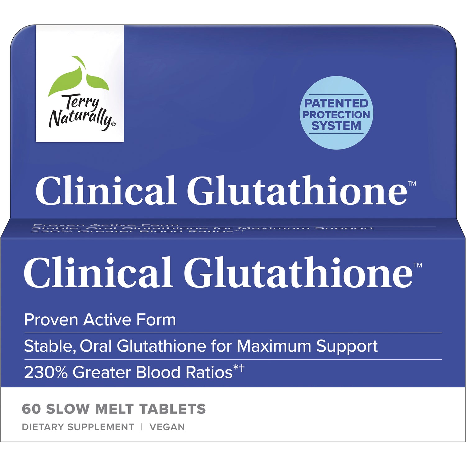 EUR033 | Terry Naturally Clinical Glutathione front packaging, 60 slow melt tablets, vegan