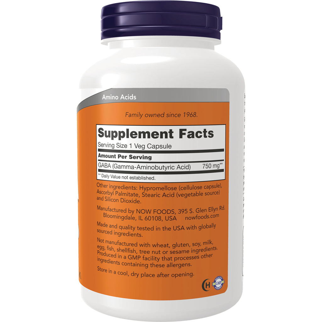 NWF1432 | Back of supplement bottle showing Supplement Facts panel with GABA 750 mg and ingredient list - Thumbnail