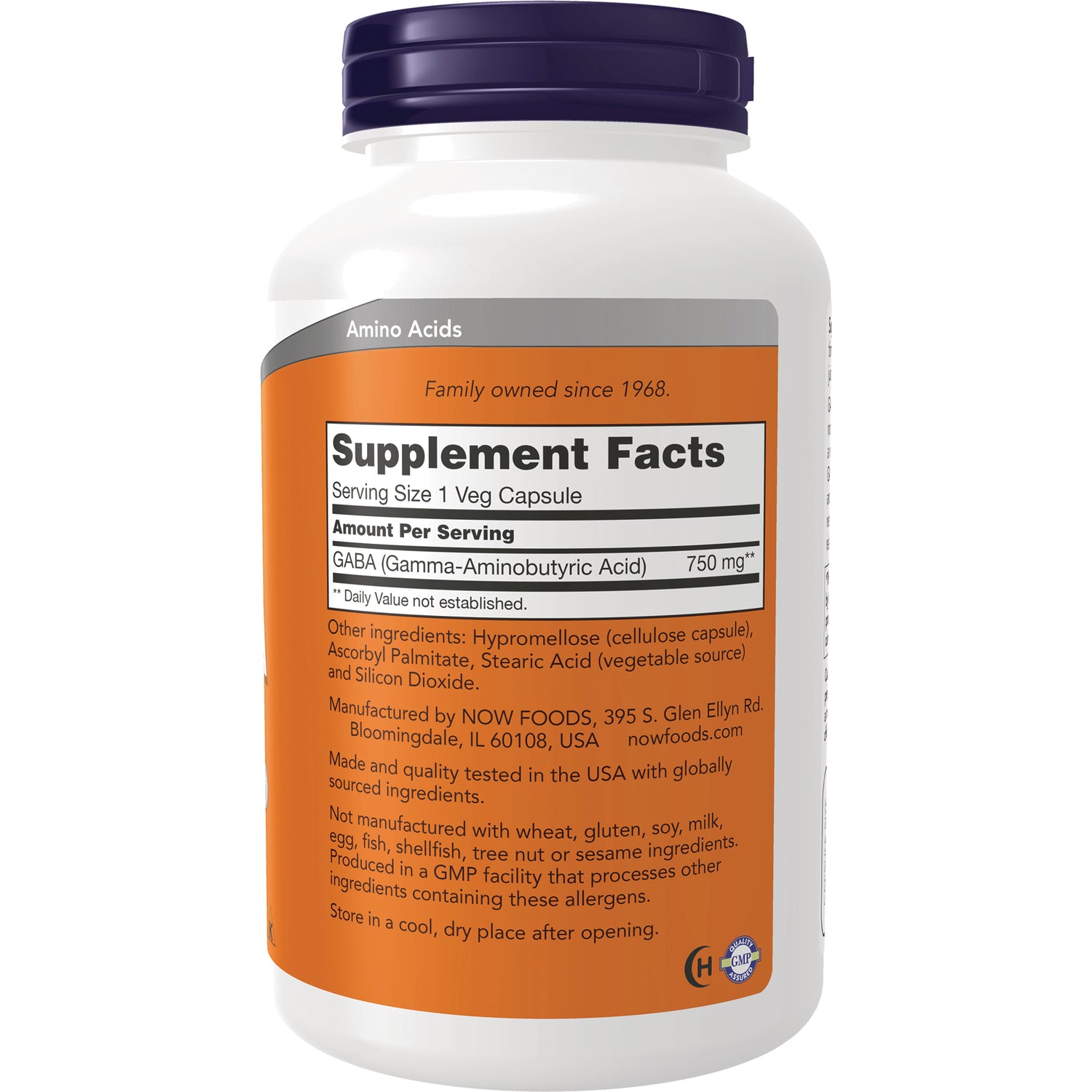 NWF1432 | Back of supplement bottle showing Supplement Facts panel with GABA 750 mg and ingredient list