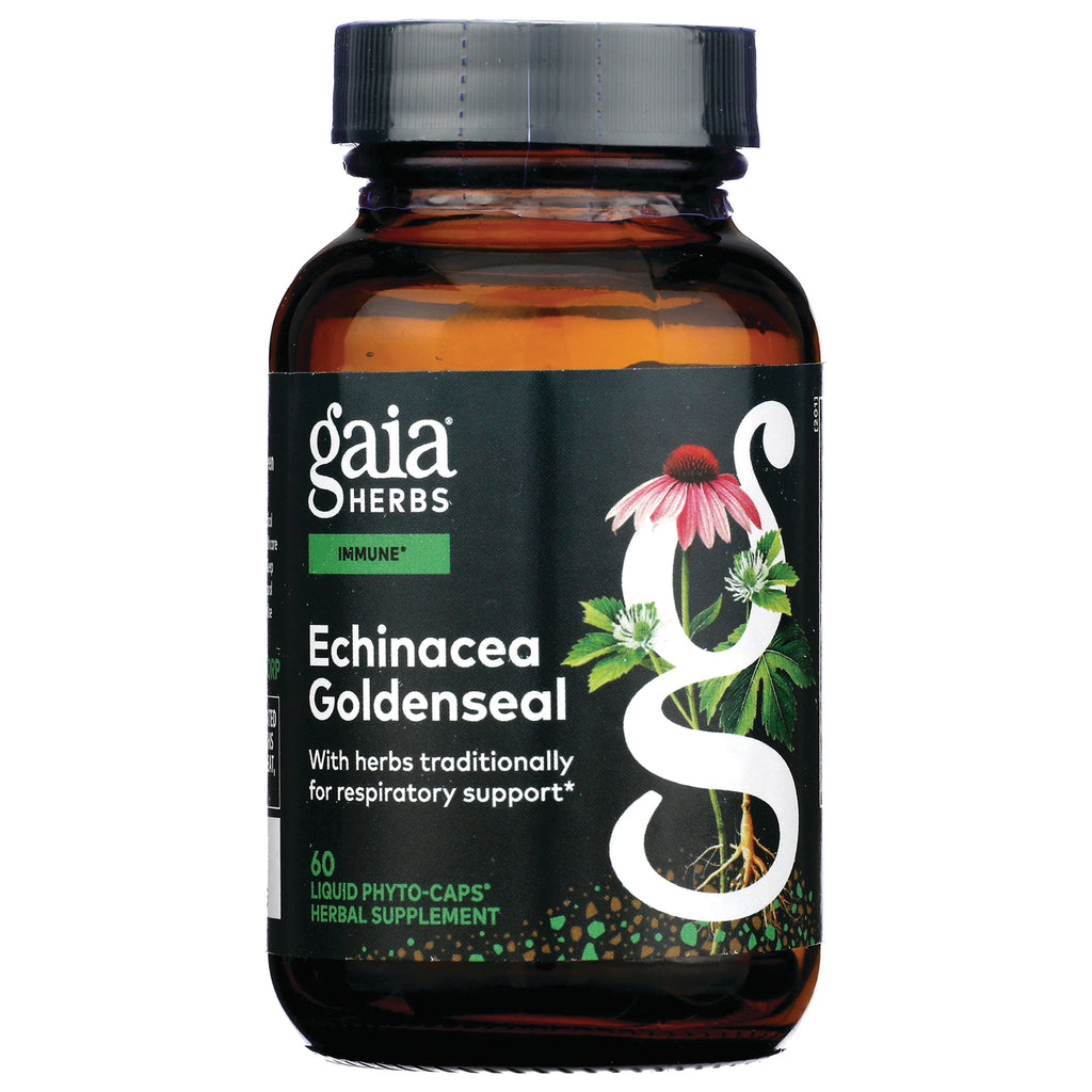 GH006 | Gaia Herbs Echinacea Goldenseal supplement amber bottle front label, 60 liquid phyto-caps - Thumbnail