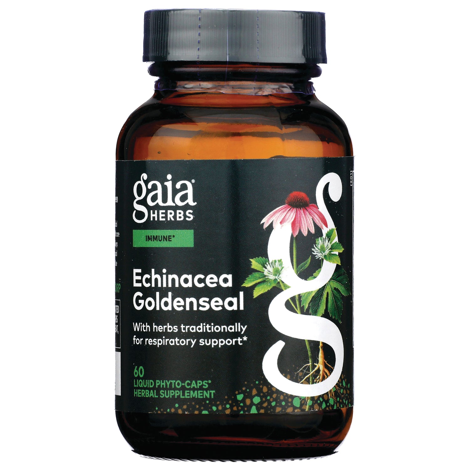 GH006 | Gaia Herbs Echinacea Goldenseal supplement amber bottle front label, 60 liquid phyto-caps