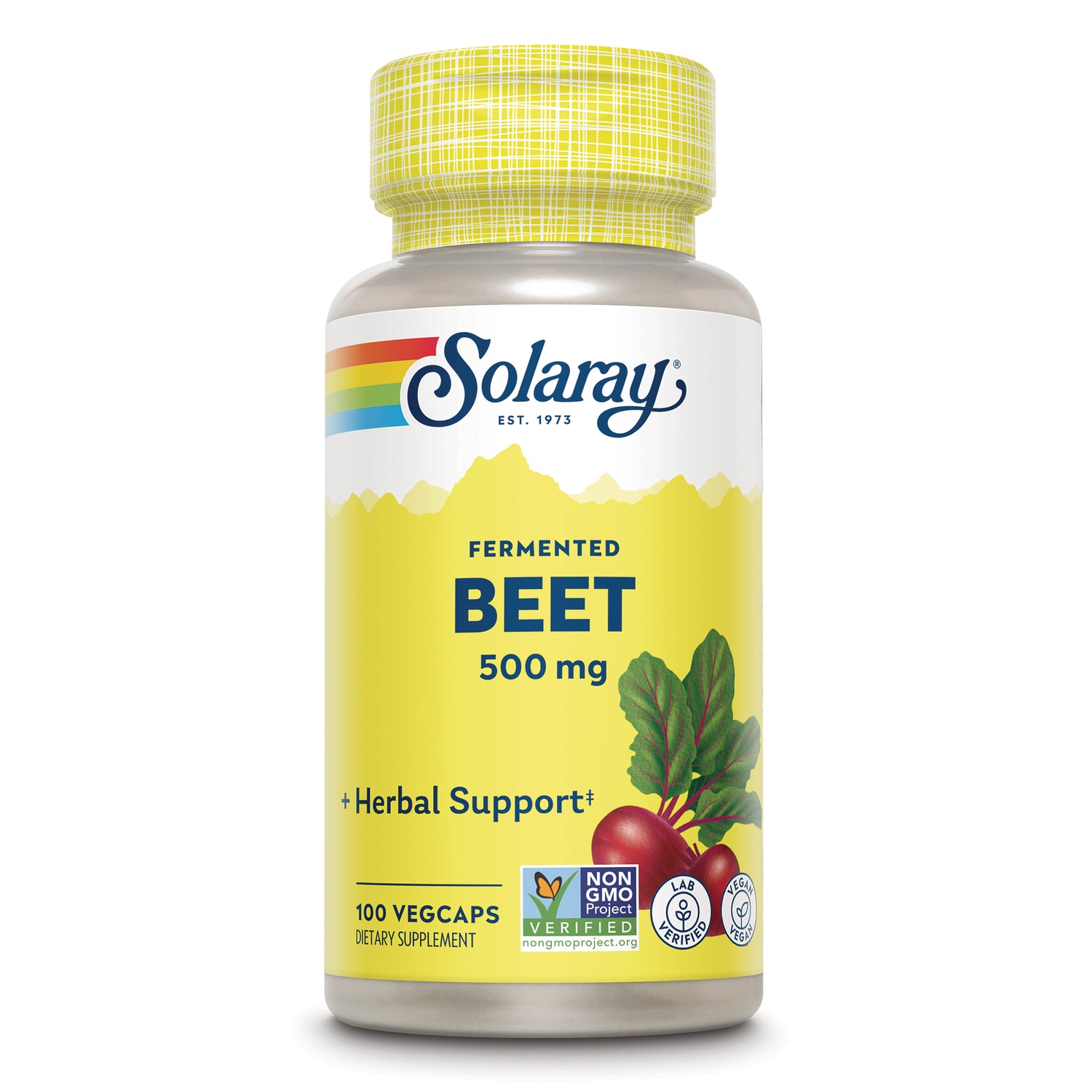 SLR513 | Solaray fermented BEET 500 mg supplement bottle, yellow label, 100 vegcaps