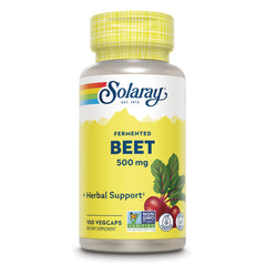 SLR513 | Solaray fermented BEET 500 mg supplement bottle, yellow label, 100 vegcaps