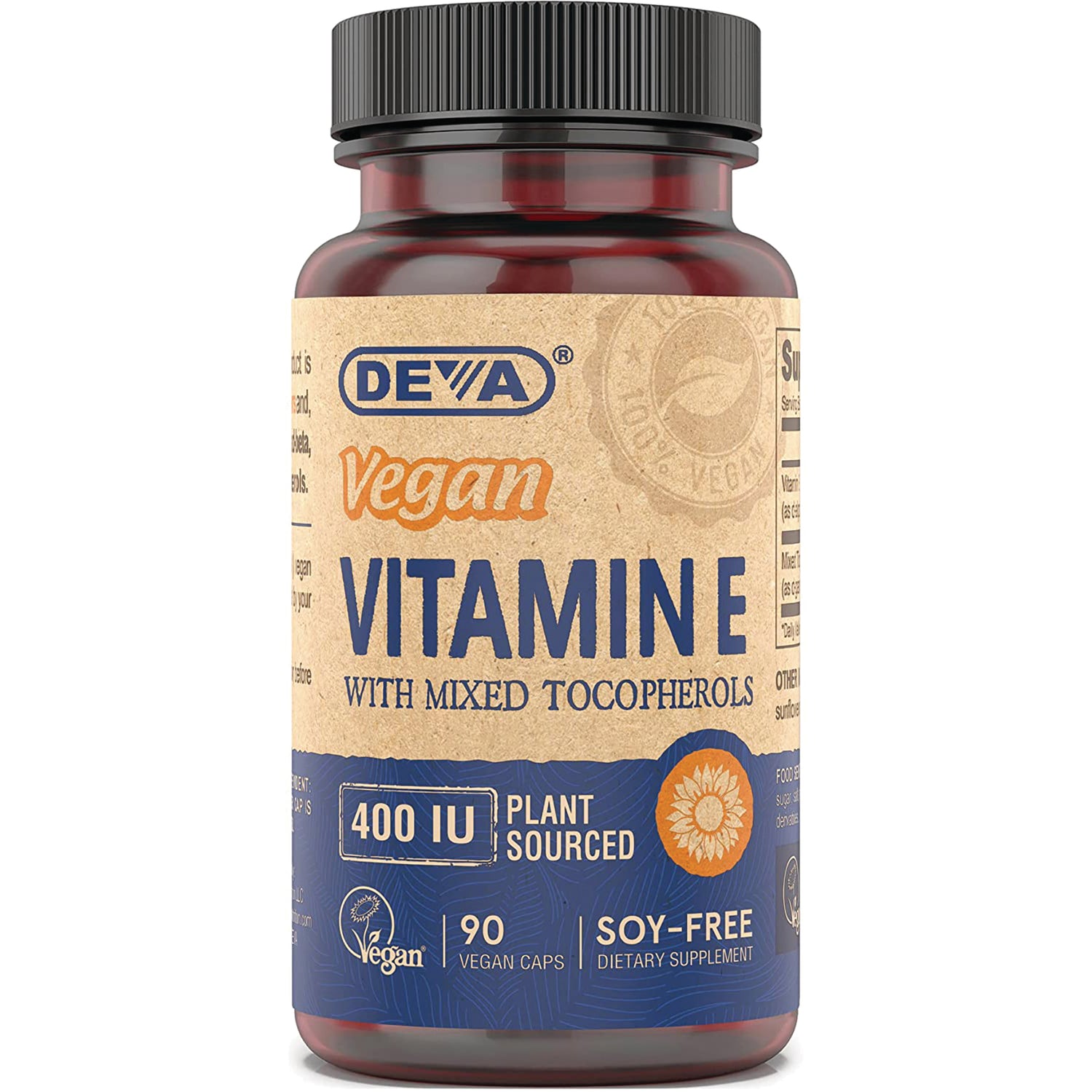 DEV035 | Amber bottle of vegan Vitamin E capsules labeled 400 IU plant sourced, 90 vegan caps, soy-free