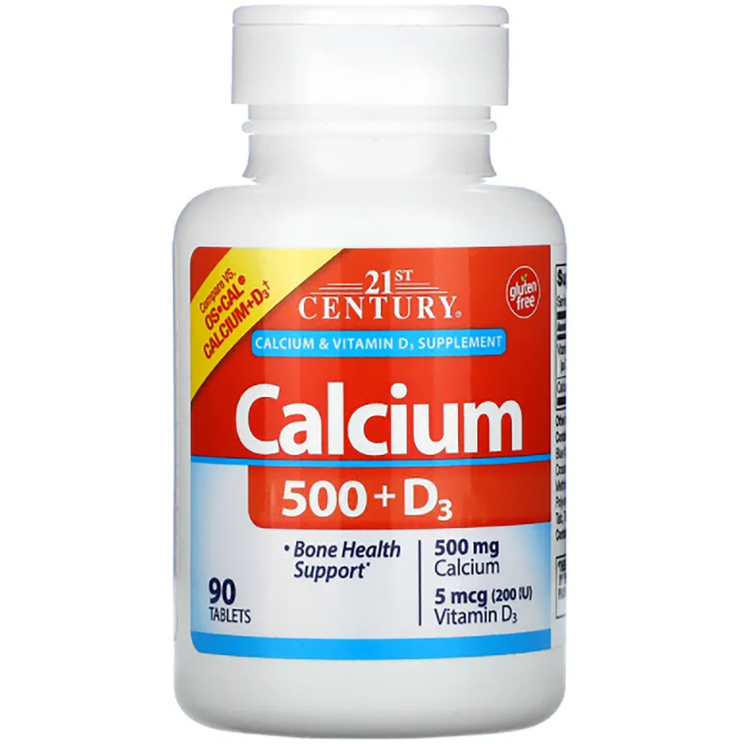 CNT258 | 21st Century Calcium 500+D3 supplement bottle front label, 90 tablets, 500 mg calcium and 5 mcg vitamin D3