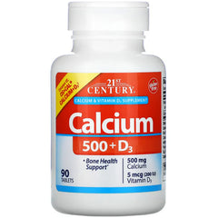CNT258 | 21st Century Calcium 500+D3 supplement bottle front label, 90 tablets, 500 mg calcium and 5 mcg vitamin D3