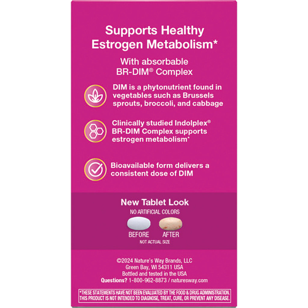 ET303 | Product infographic: Supports Healthy Estrogen Metabolism, BR-DIM complex, and new tablet look showing before and after tablets - Thumbnail