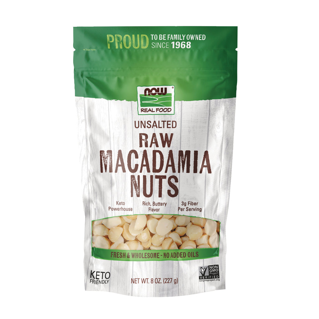 NWF1422 | NOW Real Food unsalted raw macadamia nuts pouch 8 oz with clear window showing whole nuts - Thumbnail