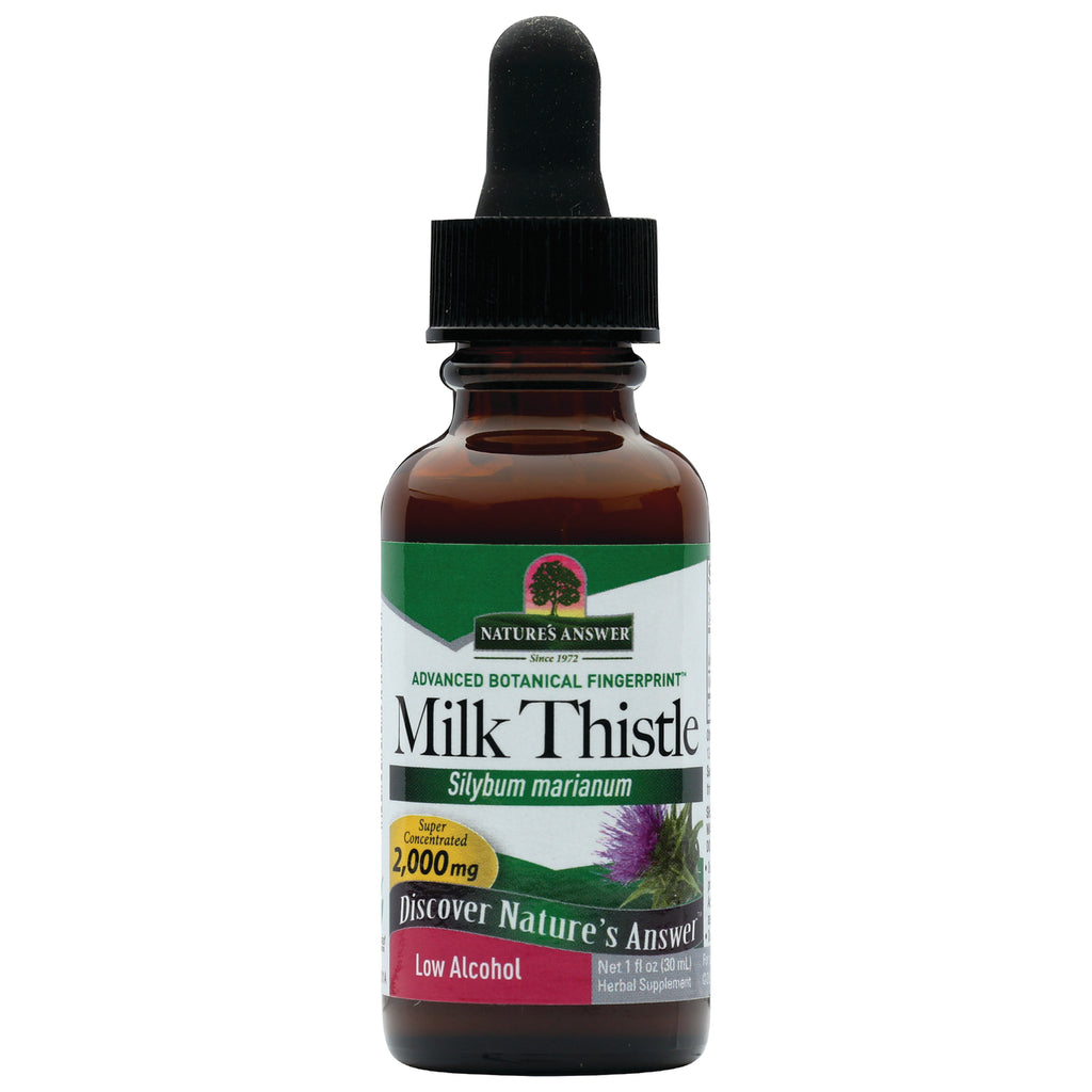 NAT279 | Brown glass dropper bottle of Nature's Answer Milk Thistle liquid supplement labeled 2,000 mg Low Alcohol - Thumbnail