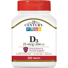CNT202 | 21st Century D3 vitamin bottle, 25 mcg (1000 IU), 300 tablets, strong bones and immune support