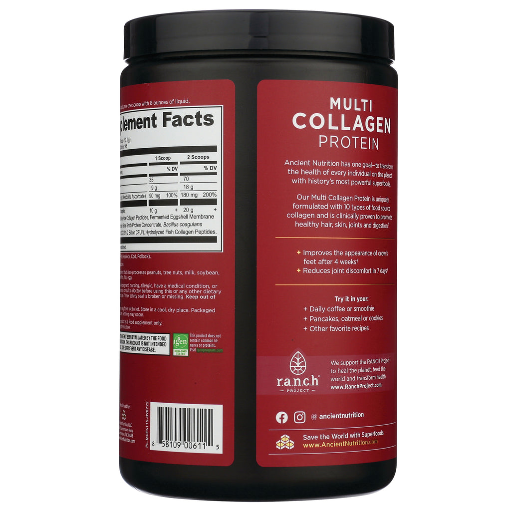 ATN047 | Back of multi collagen protein container showing supplement facts panel, product benefits, barcode and brand logo on red label - Thumbnail