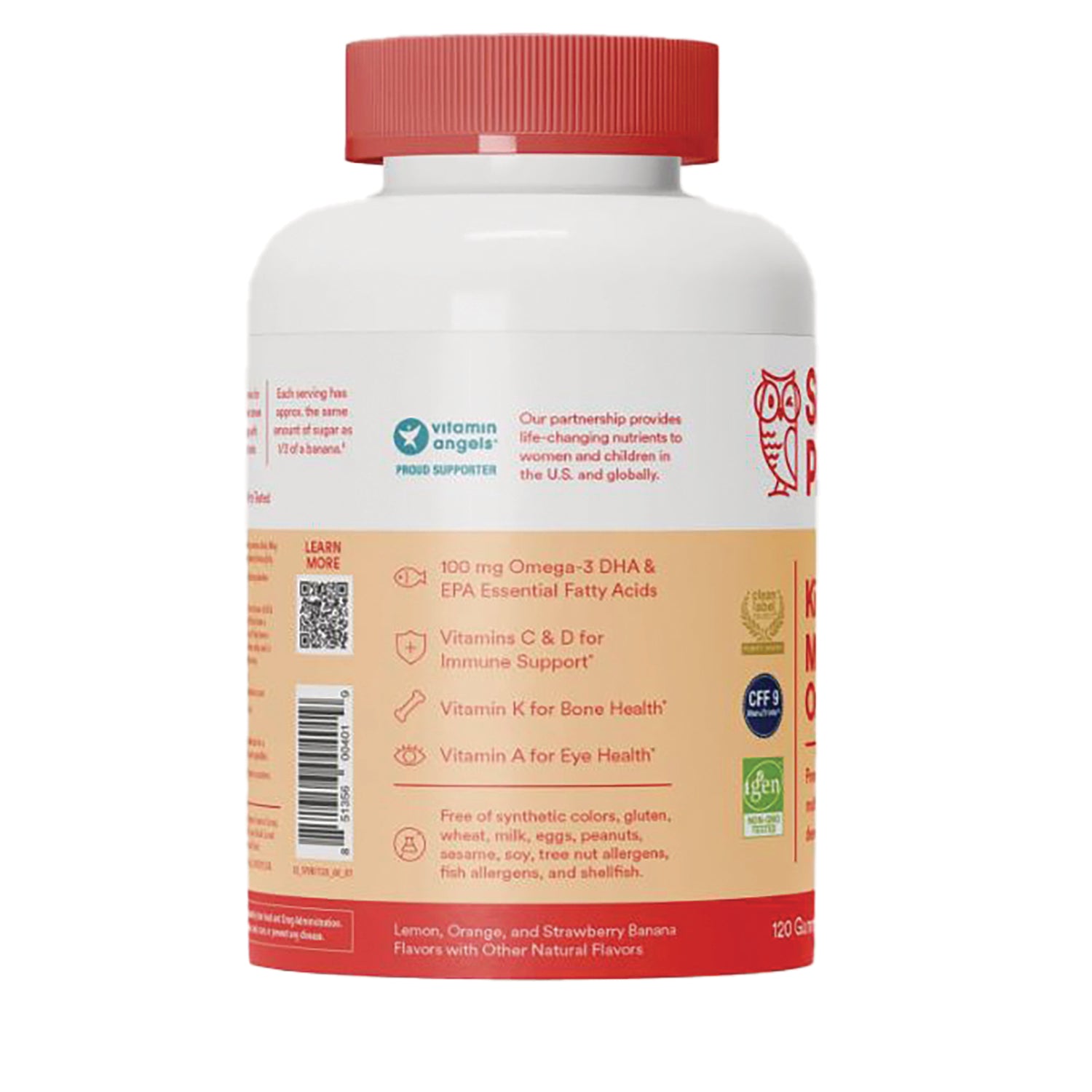 SMA002 | back panel infographic showing product benefits and icons on amber label of white bottle with red cap