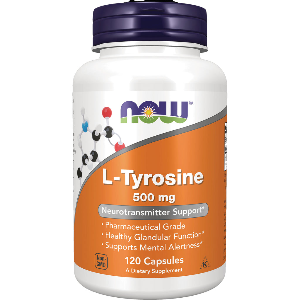 NWF106 | NOW L-Tyrosine 500 mg supplement bottle with orange label, 120 capsules - Thumbnail