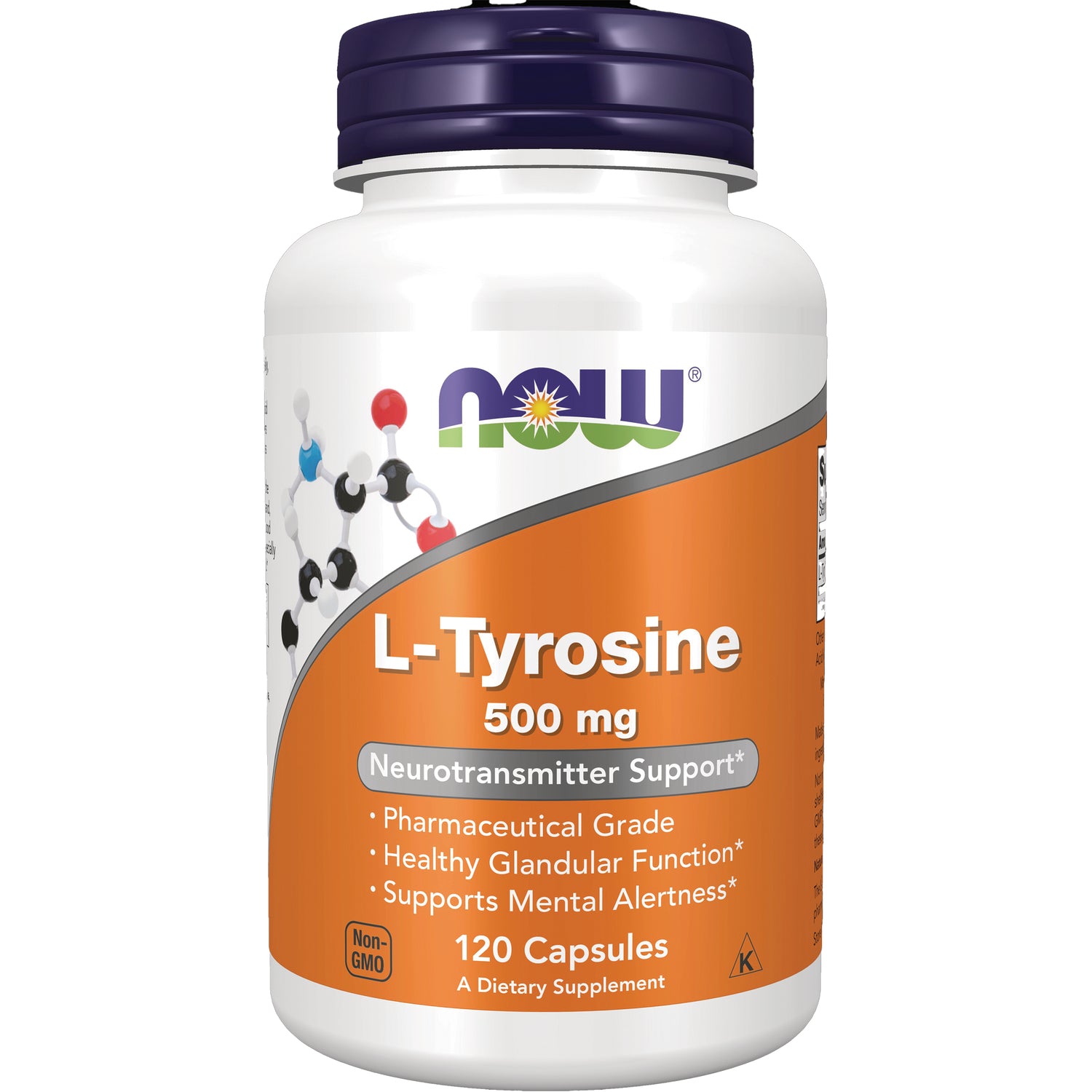 NWF106 | NOW L-Tyrosine 500 mg supplement bottle with orange label, 120 capsules