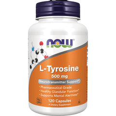 NWF106 | NOW L-Tyrosine 500 mg supplement bottle with orange label, 120 capsules
