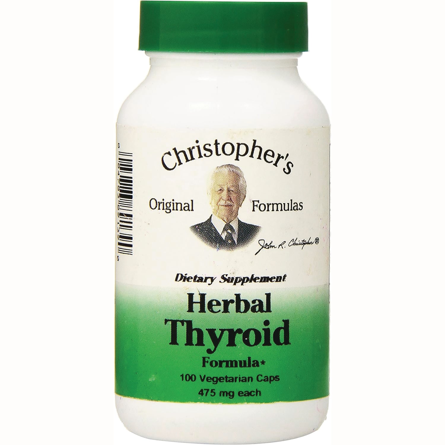 DCR005 | White bottle of Christopher's Herbal Thyroid dietary supplement with green cap and label reading 100 Vegetarian Caps