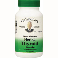 DCR005 | White bottle of Christopher's Herbal Thyroid dietary supplement with green cap and label reading 100 Vegetarian Caps