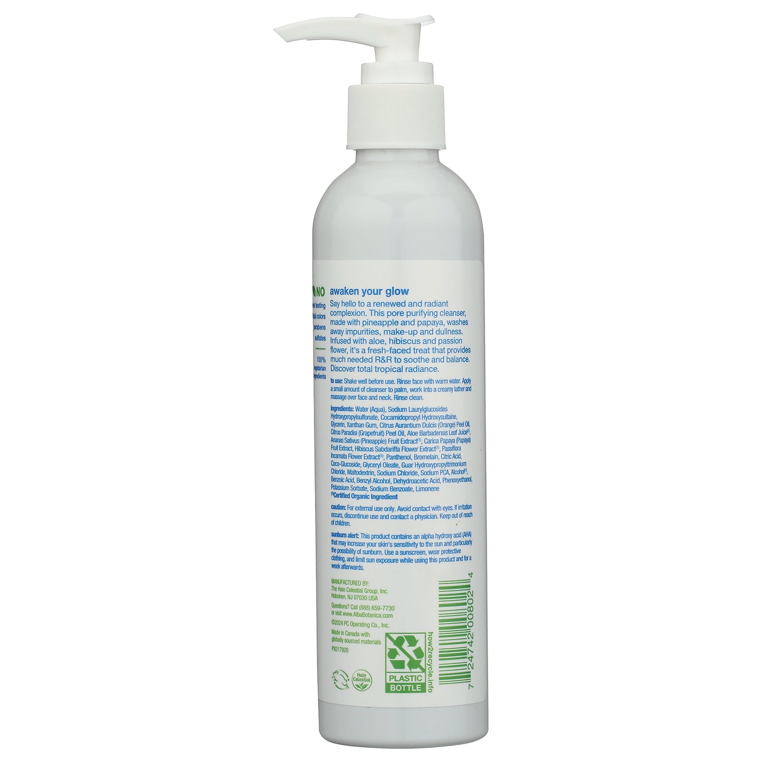 ABA011 | Back label of Alba Botanica cleanser pump bottle with directions, ingredients, and barcode