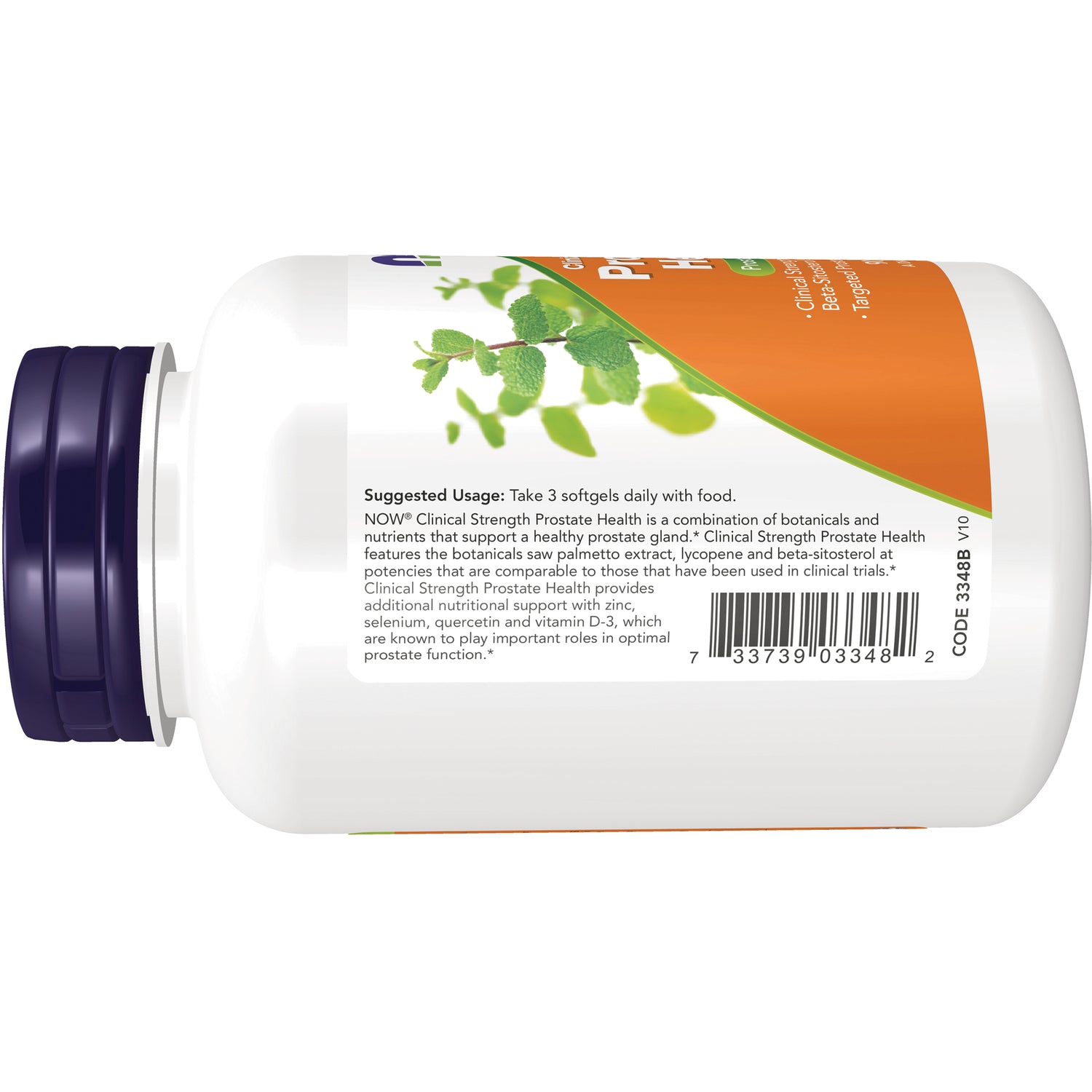 NWF1154 | back label of supplement bottle on its side showing suggested usage text, barcode, and orange leaf graphic