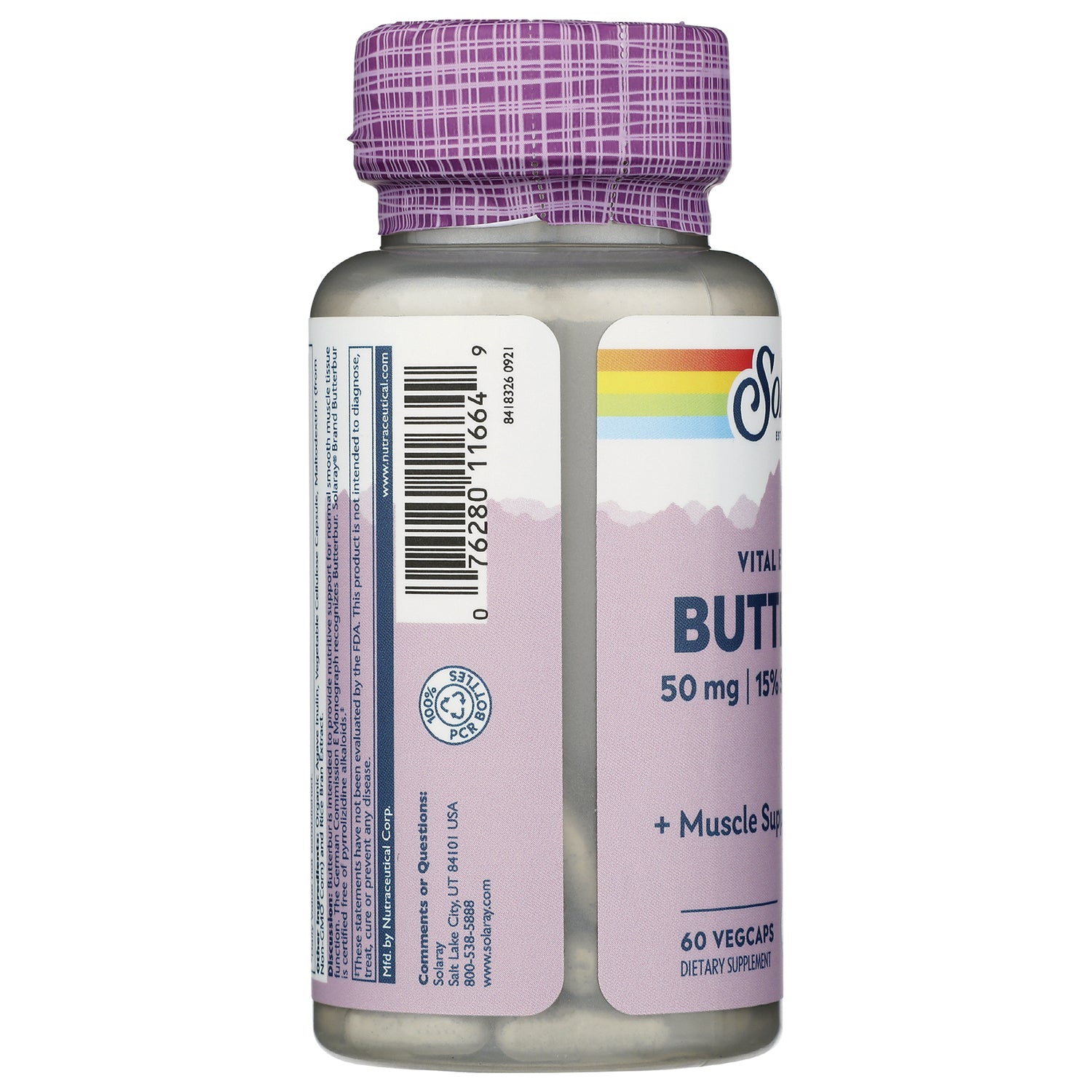 SLR444 | Solara Labs Vitaline Butyrate 50 mg, 60 vegcaps bottle side label with barcode