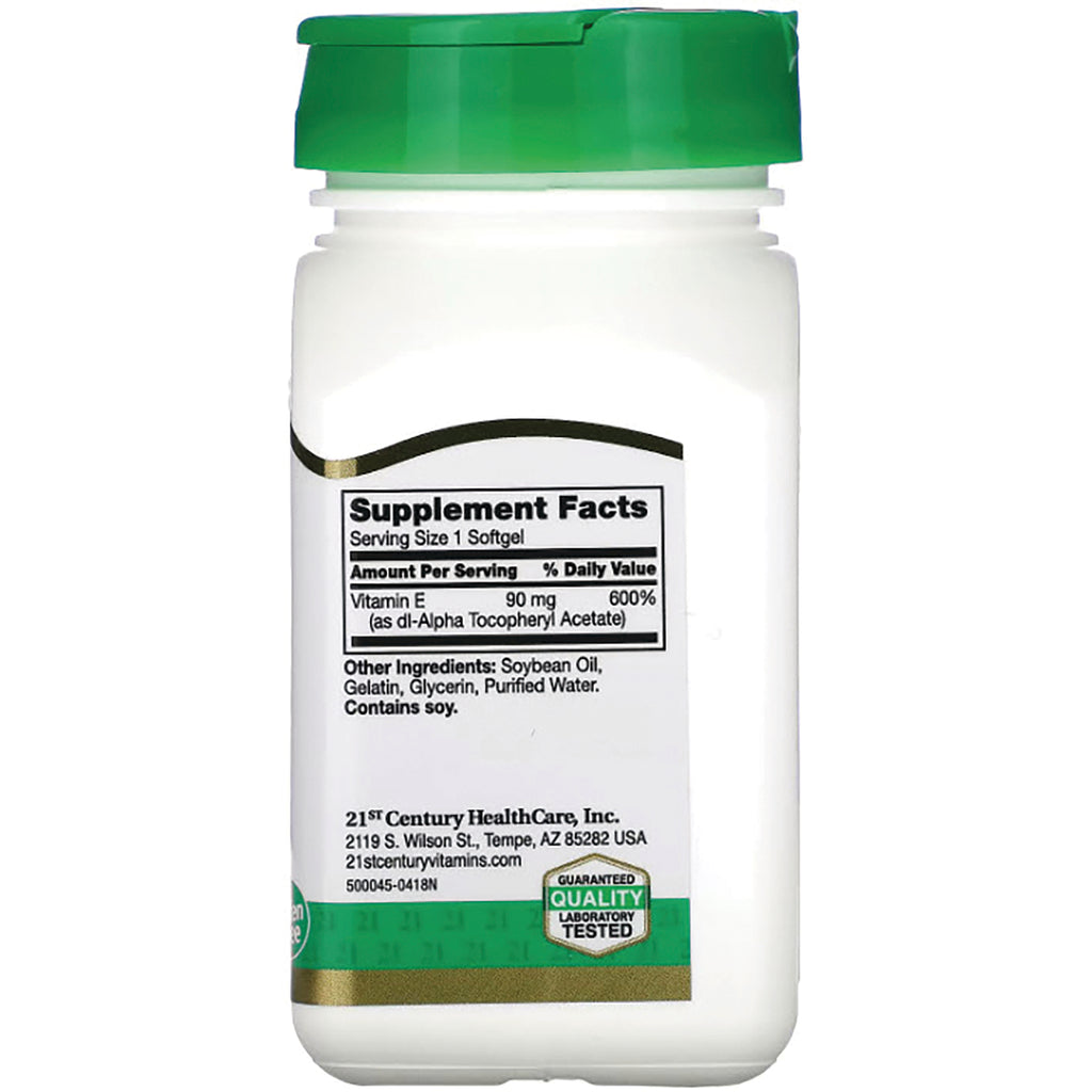 CNT185 | Back label of white supplement bottle with green cap showing Supplement Facts listing vitamin E amount and ingredients - Thumbnail