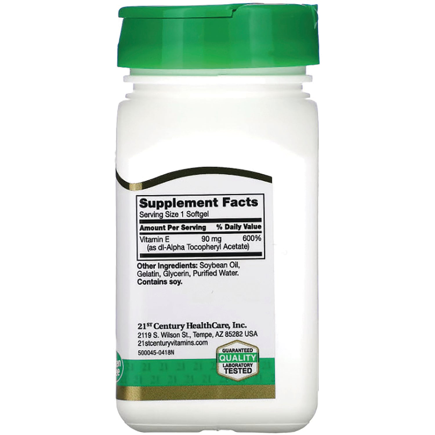 CNT185 | Back label of white supplement bottle with green cap showing Supplement Facts listing vitamin E amount and ingredients