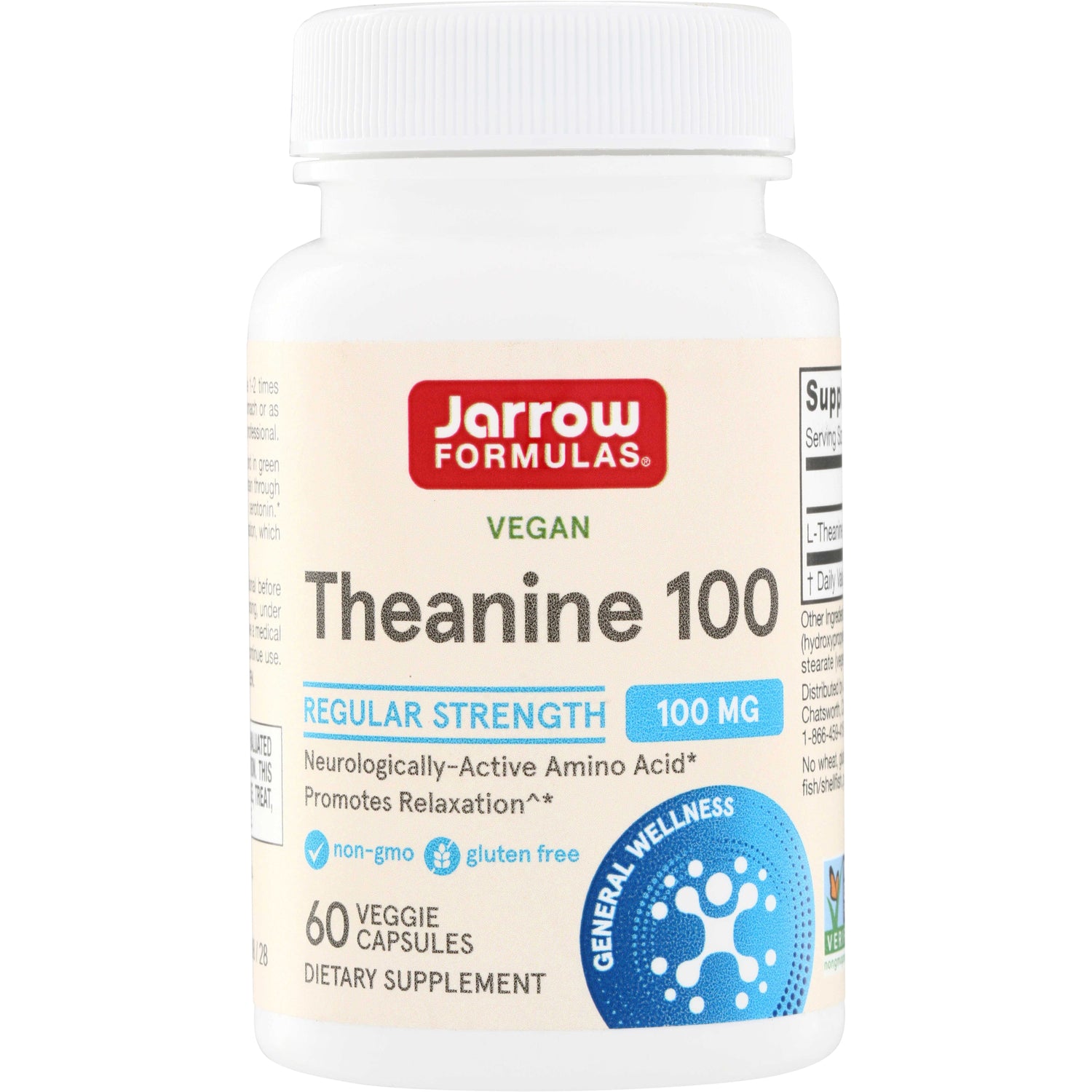 JR045 | Jarrow Formulas Theanine 100, Regular Strength 100 mg, 60 veggie capsules