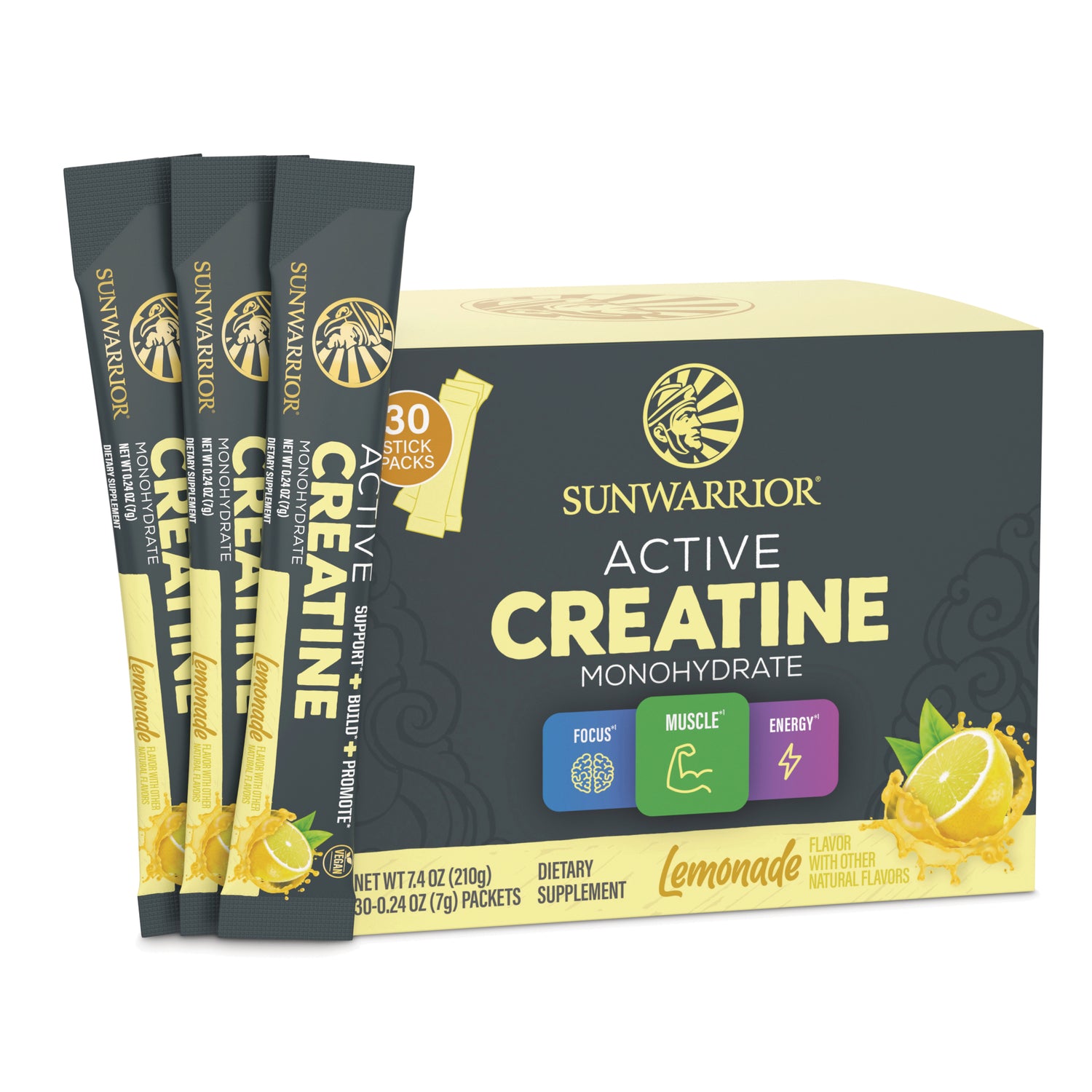 SNW065 | Sunwarrior Active Creatine Monohydrate, lemonade flavor, 30 stick packs box with three sachets shown