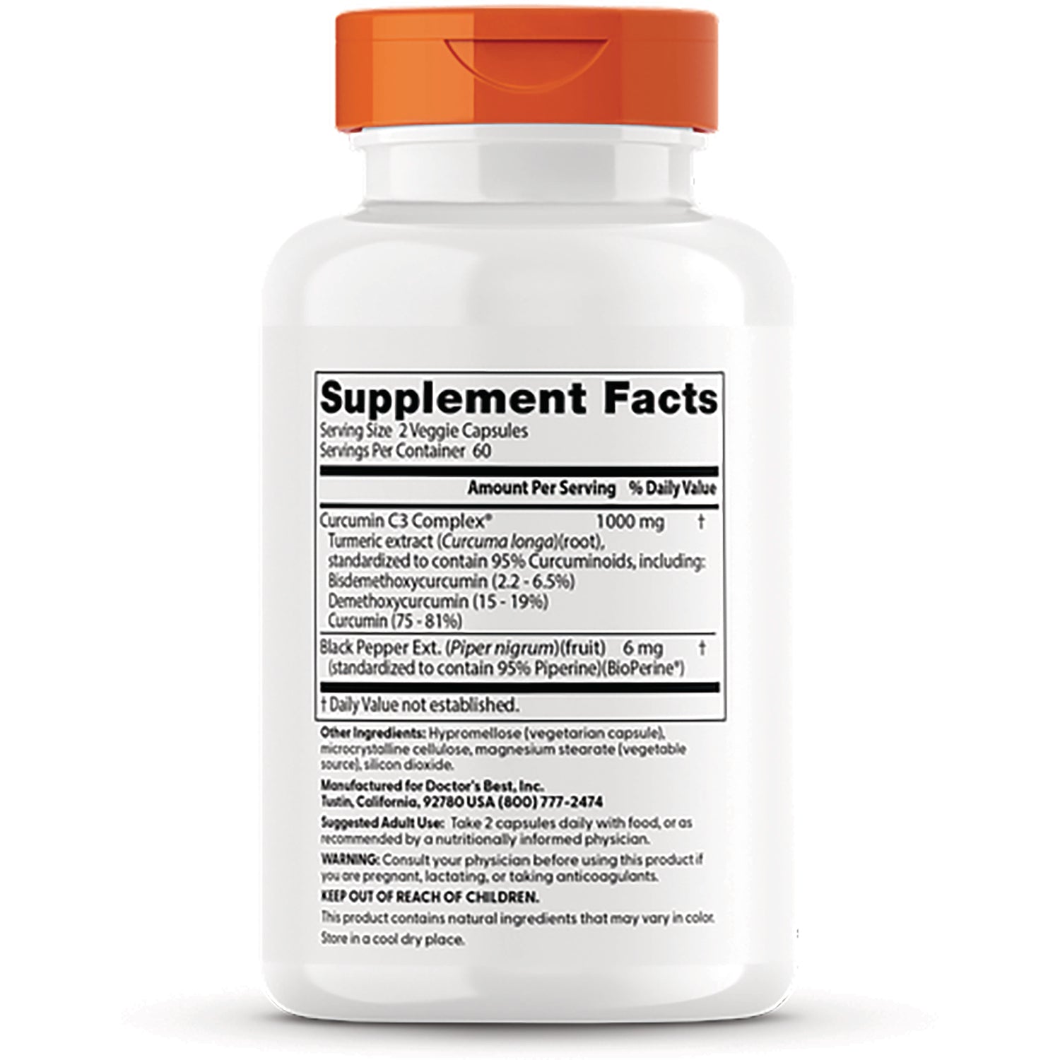 DB078 | back of white supplement bottle showing Supplement Facts panel with ingredient and warning text