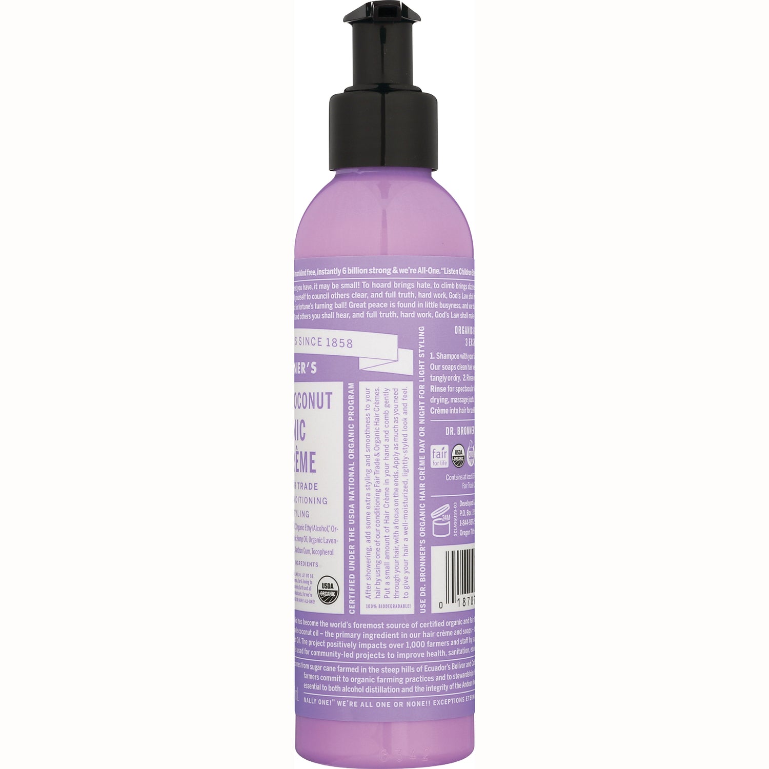 DRB030 | Back label of purple pump bottle showing ingredients, directions, barcode and certification icons